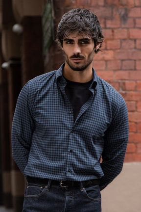 Ralph Narrow Spread Button Down Shirt - Blue & Black Check