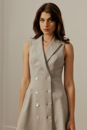 Lois A-Line DB Dress - Light Grey Wool Stretch