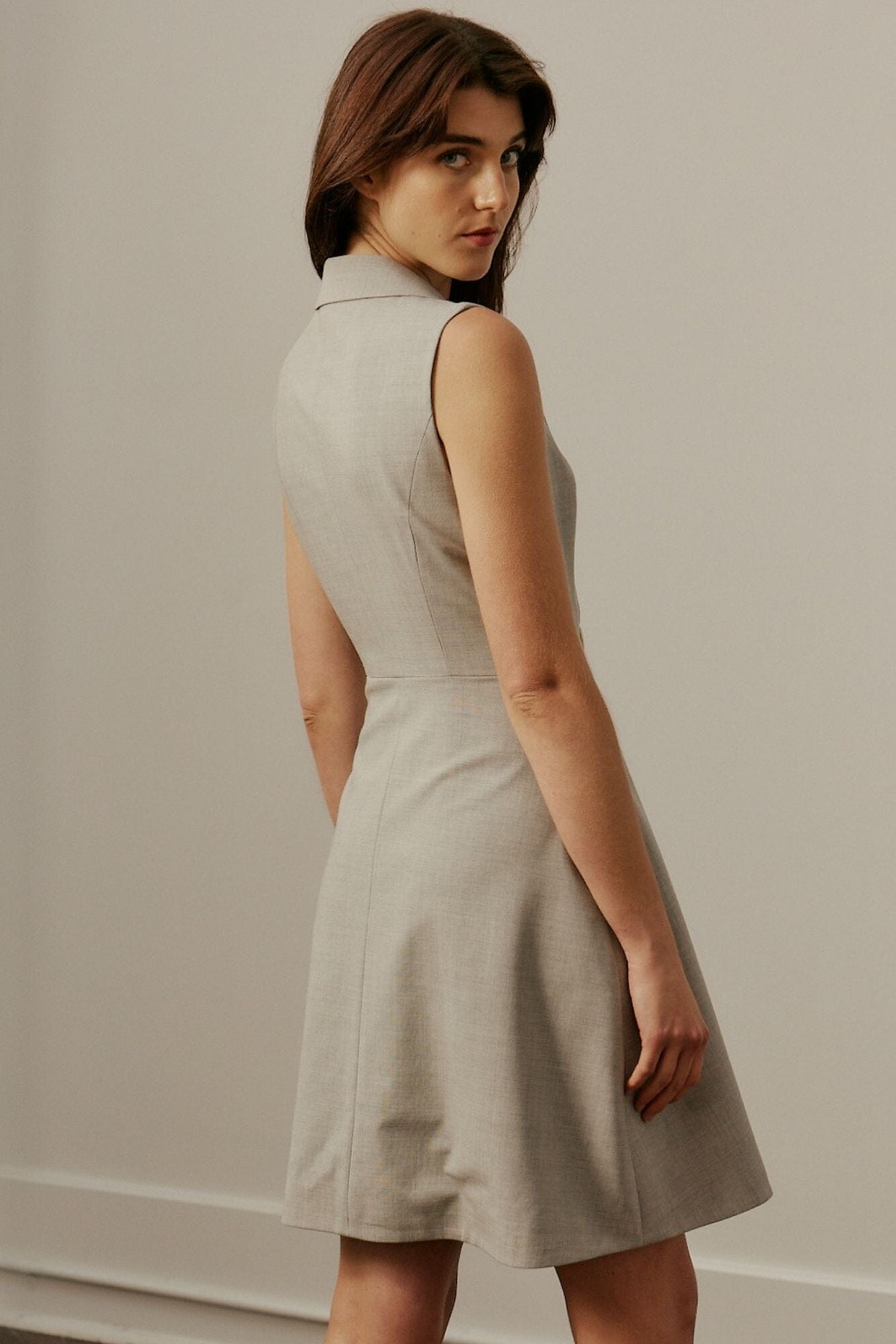 Lois A-Line DB Dress - Light Grey Wool Stretch