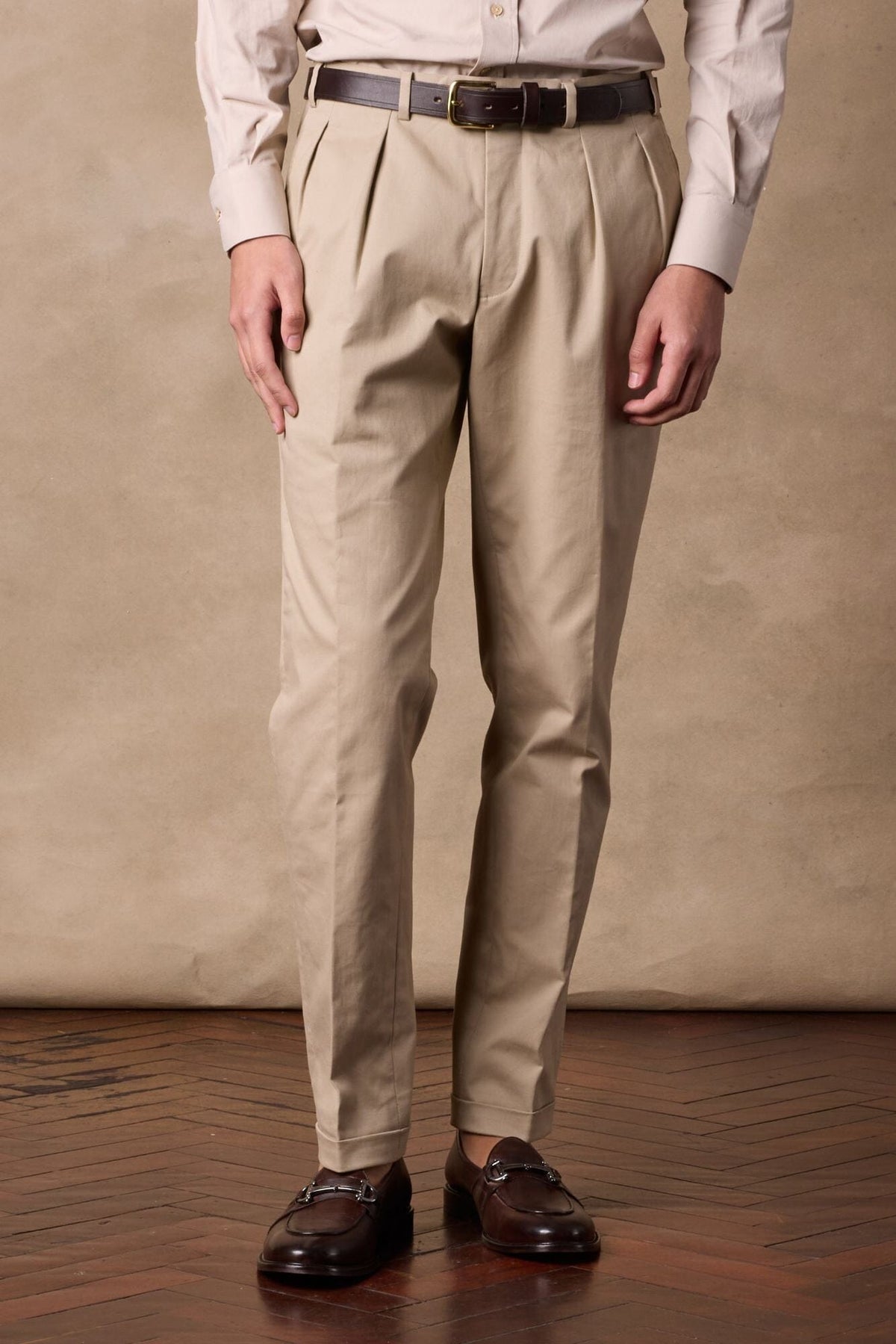 Soho Reverse Pleated Trouser - Coffee Cotton Twill Stretch