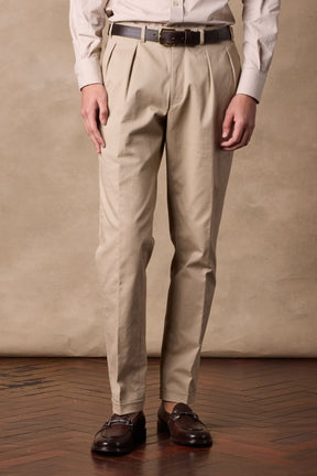 Soho Reverse Pleated Trouser - Coffee Cotton Twill Stretch