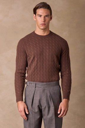 Crew Neck Cashmere Cable Knit (MTM) - Brown