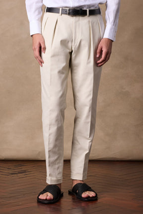 Soho Reverse Pleated Trouser - Off White Cotton Twill Stretch 410