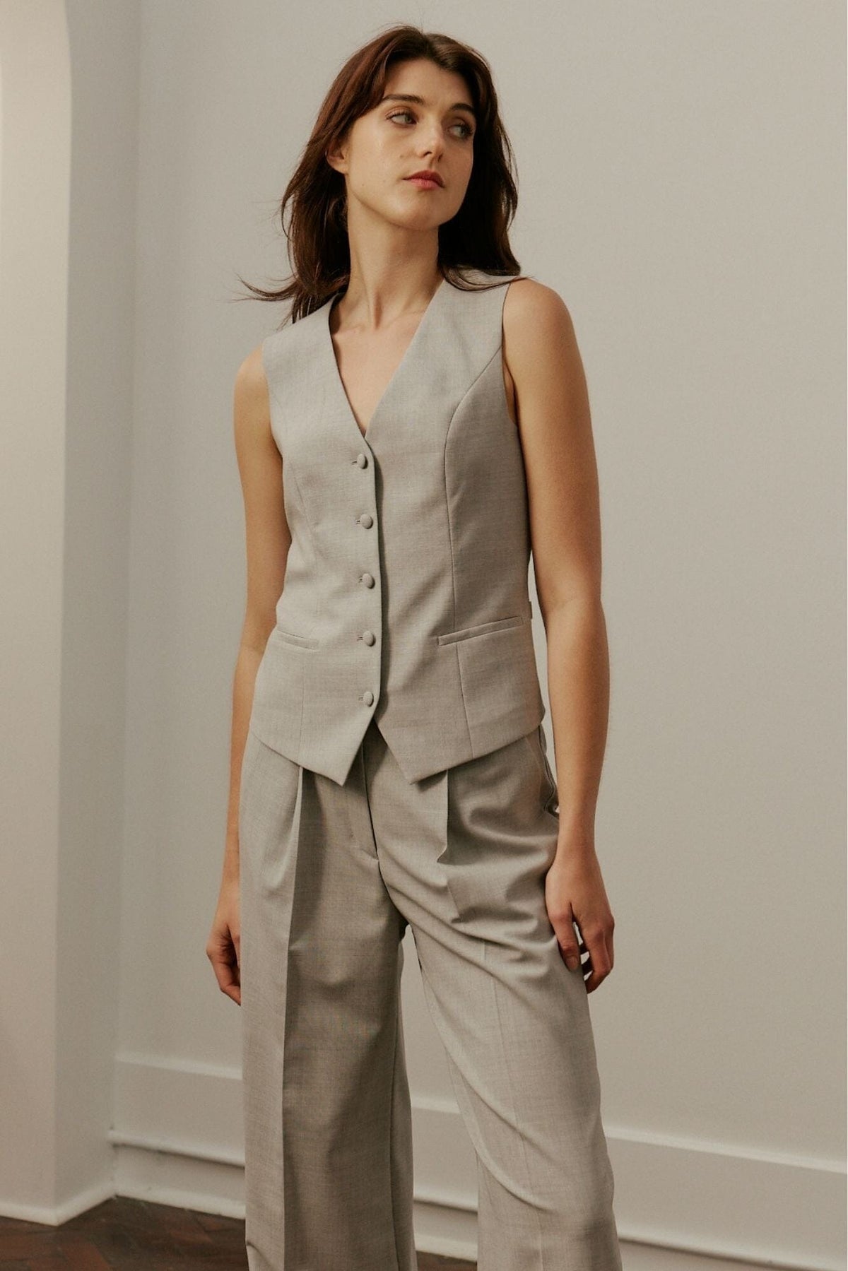 Rachel 5 Button Vest - Light Grey Wool Stretch
