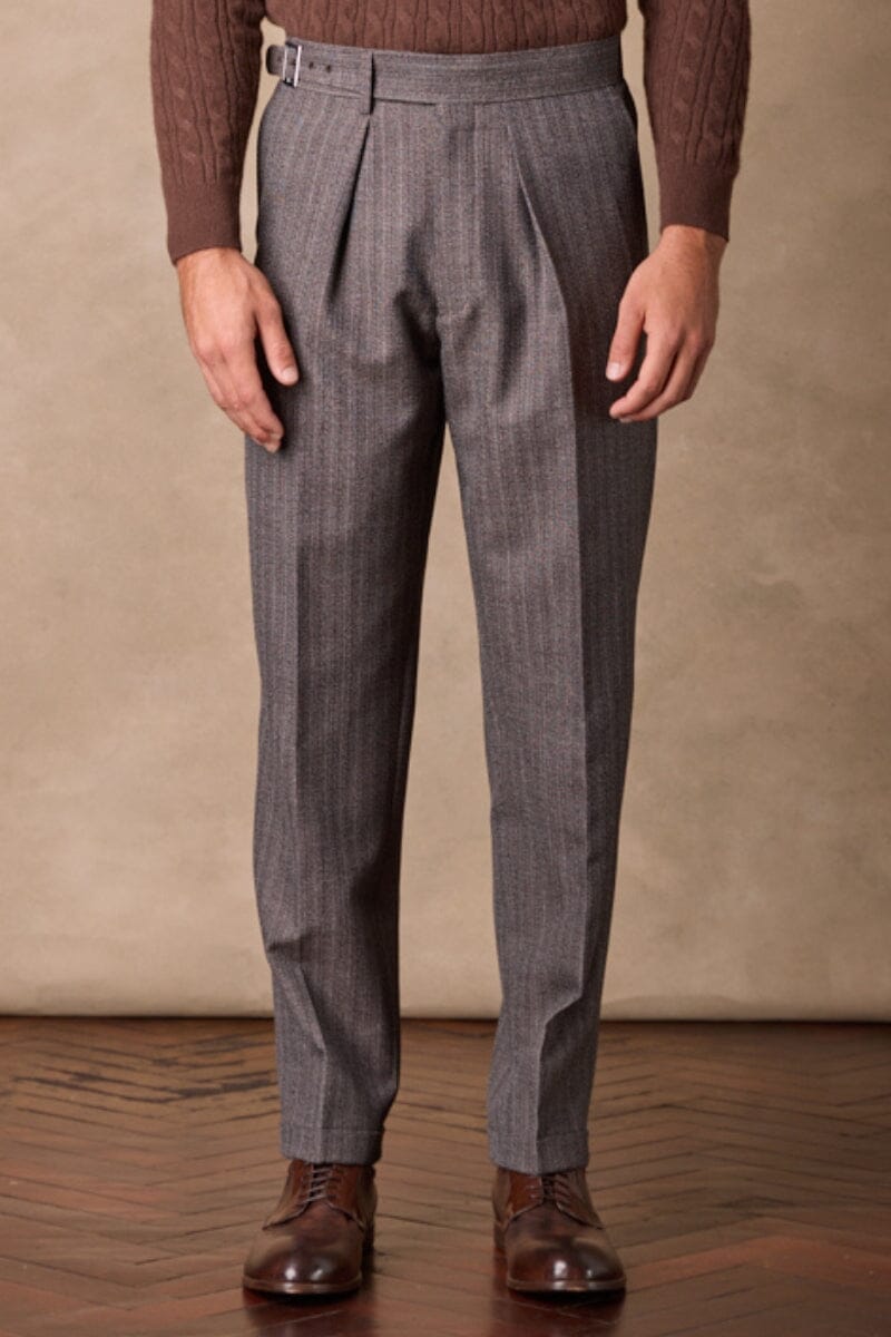 Gurkha Trouser - Textured Brown Wool Mohair Herringbone Stripe