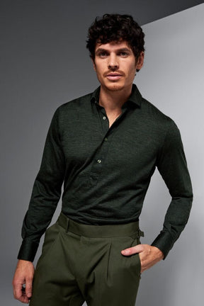 Magnus Long Sleeve Polo Shirt - Olive Merino Wool