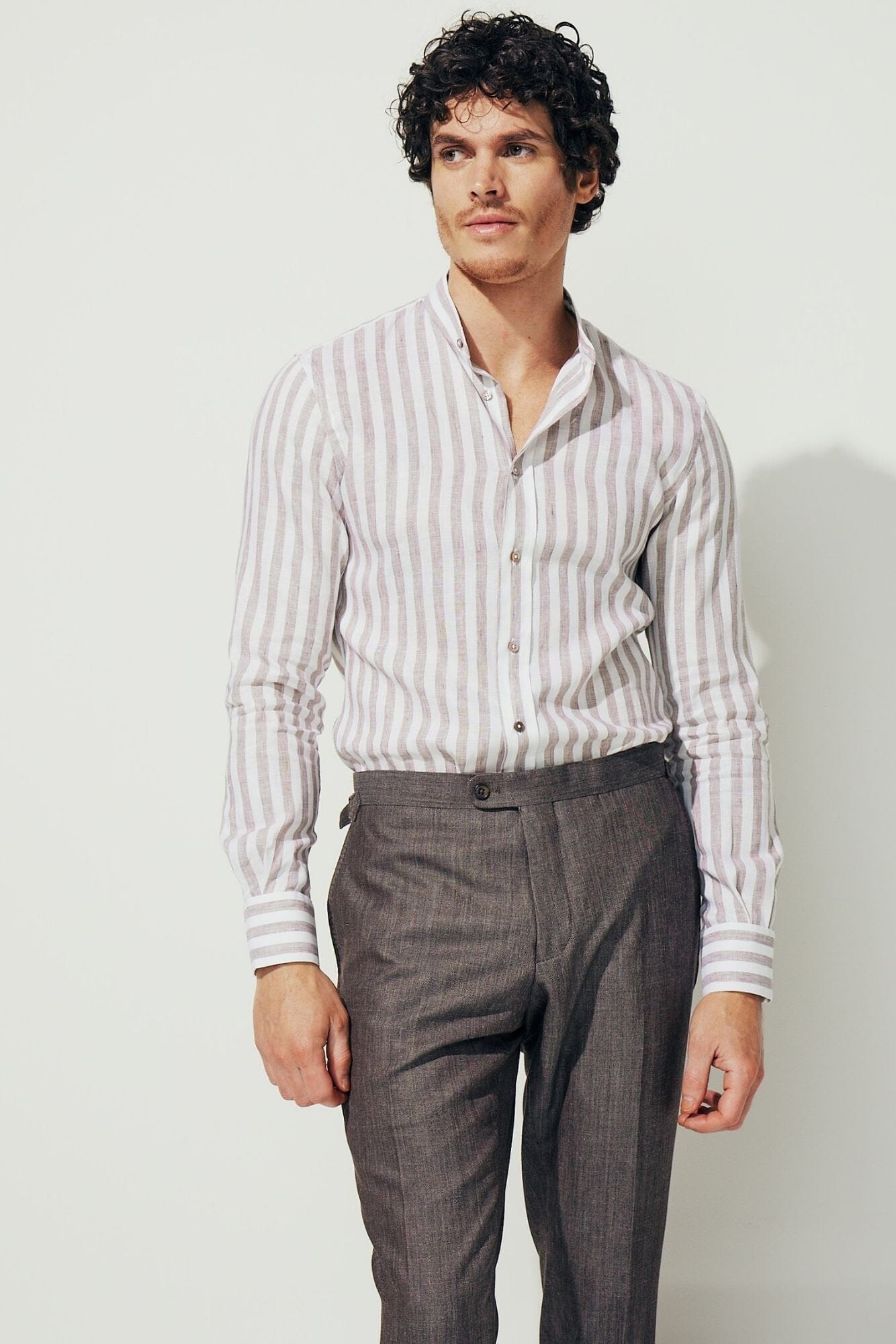 Marcello Stand Collar Shirt - Brown and Natural Linen Stripe