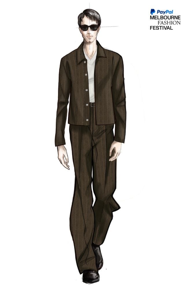 LOOK 6 - Brown Pin Stripe Blouson with Matching Wide Leg Trouser + Off White V-Neck Merino Knit