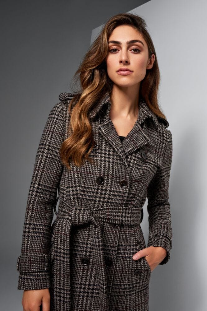 Caterina Wool Trench Coat - Brown and Burgundy Check Wool Mohair Silk