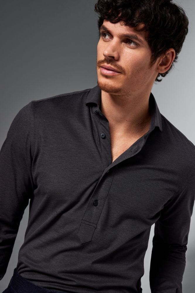 Magnus Long Sleeve Polo Shirt - Charcoal Cotton Pique