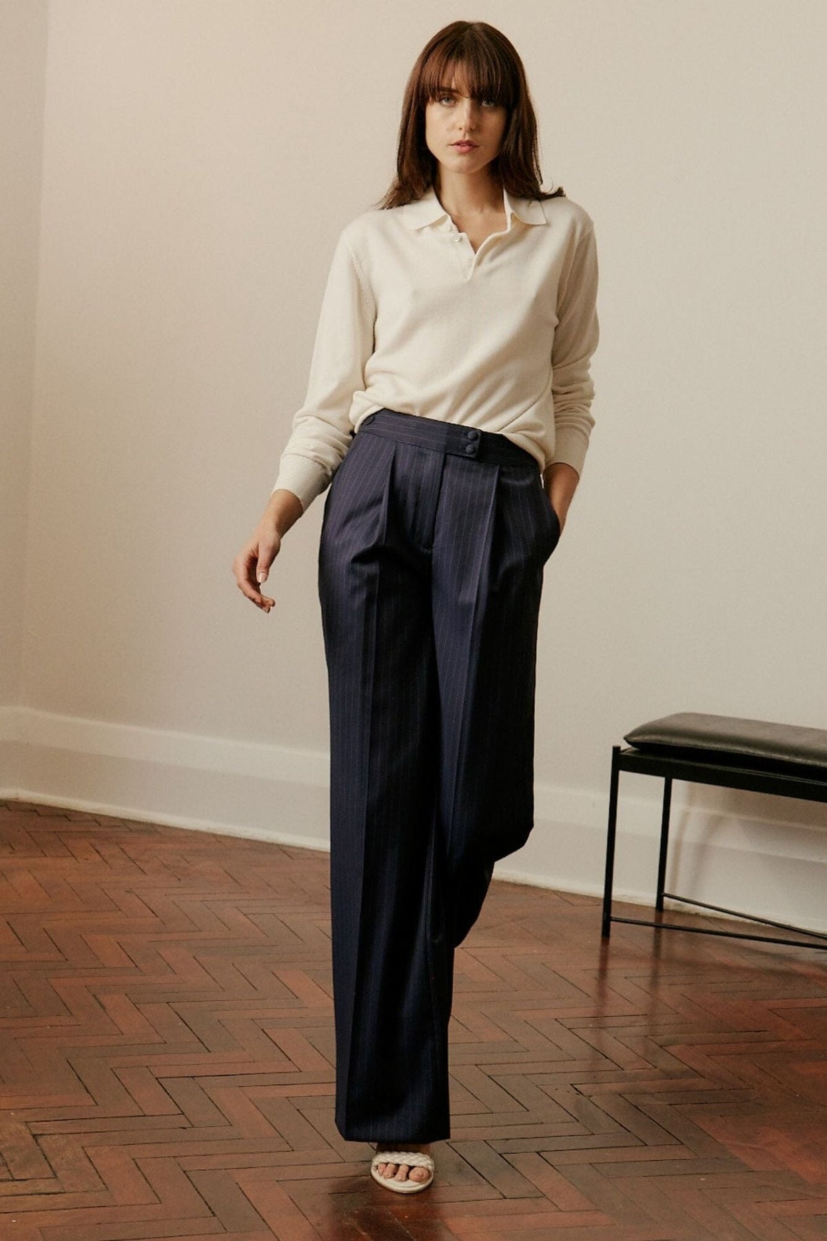 Florence Wide Leg Pant - Navy Pin Stripe Wool