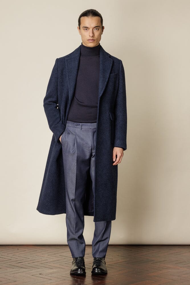 Carter (Notch) Long Overcoat - Navy Boiled Wool