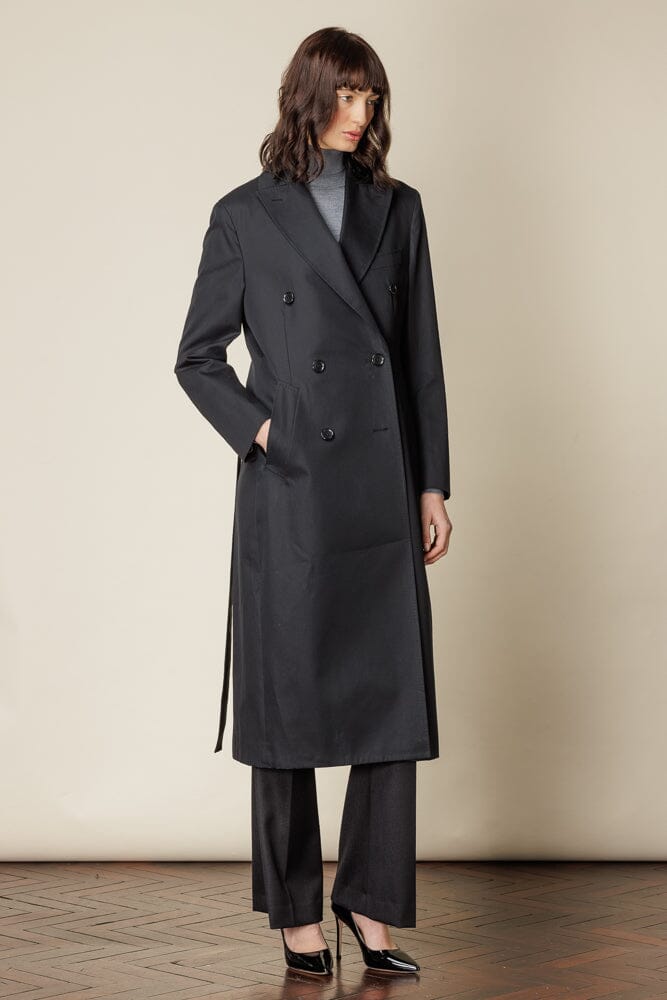 (RTW) Long Double Breasted Trench Coat with Belt - Black Cotton Gabardine