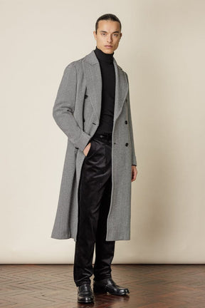 The Macpherson Long Overcoat - Black & White Wide Herringbone