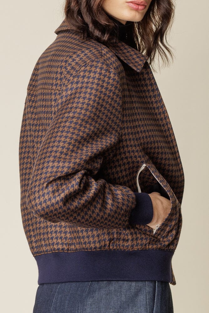 Sky Womens Bomber Jacket -  Brown and Navy Houndstooth Wool