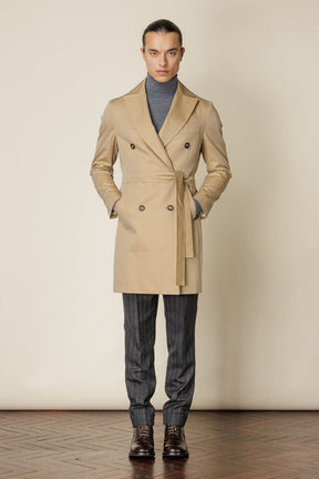 (RTW) Mid Length Double Breasted Trench Coat with Belt - Sand Cotton