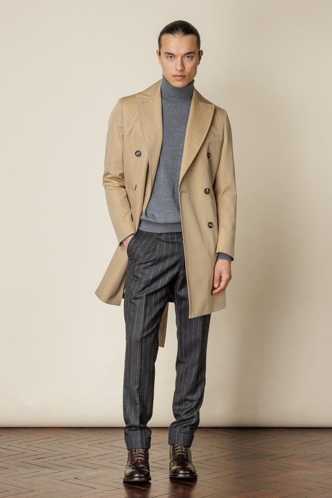 (RTW) Mid Length Double Breasted Trench Coat with Belt - Sand Cotton