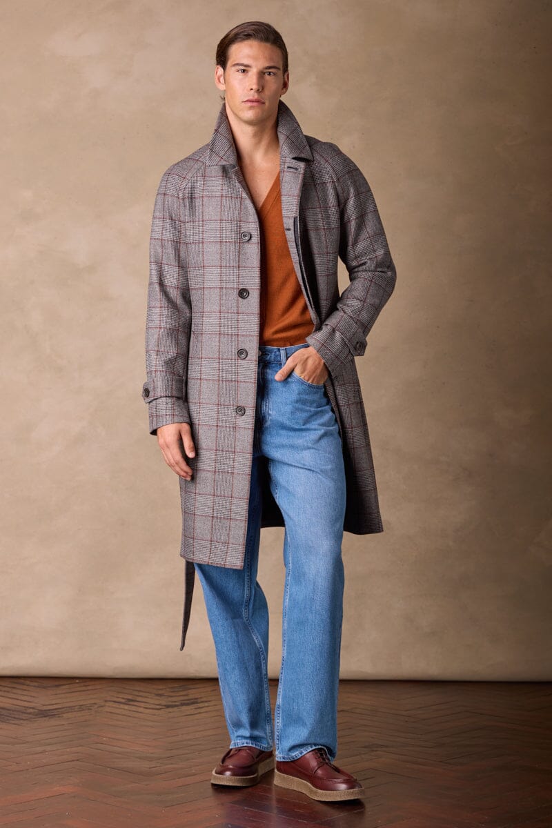 The Spencer Car Coat - Grey, Brown & Rust Check Wool