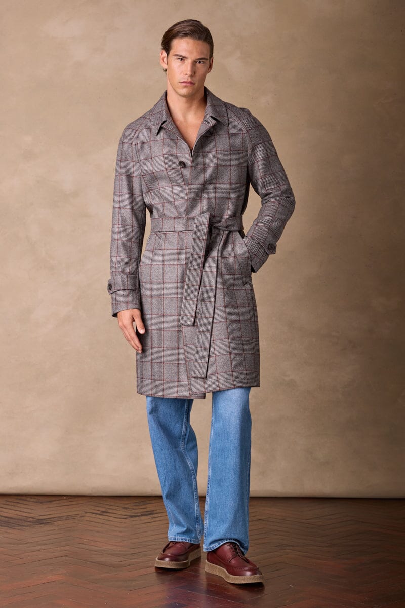 The Spencer Car Coat - Grey, Brown & Rust Check Wool