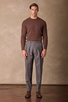 Gurkha Trouser - Textured Brown Wool Mohair Herringbone Stripe