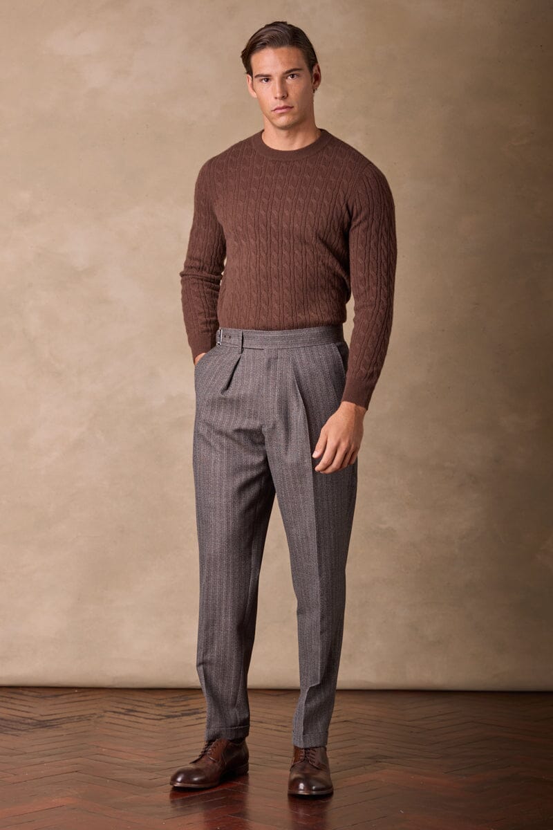 Gurkha Trouser - Textured Brown Wool Mohair Herringbone Stripe