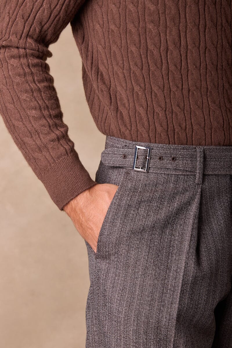 Gurkha Trouser - Textured Brown Wool Mohair Herringbone Stripe