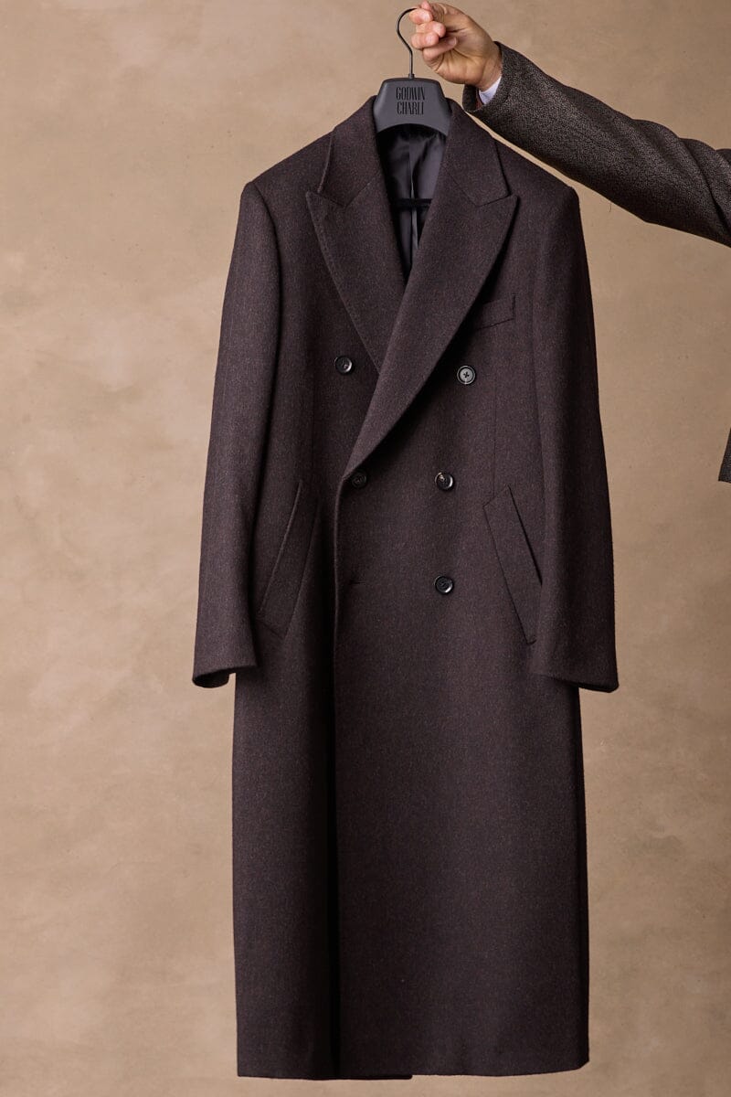 Double Breasted Peak Long Coat - Dark Brown Wide Herringbone Wool