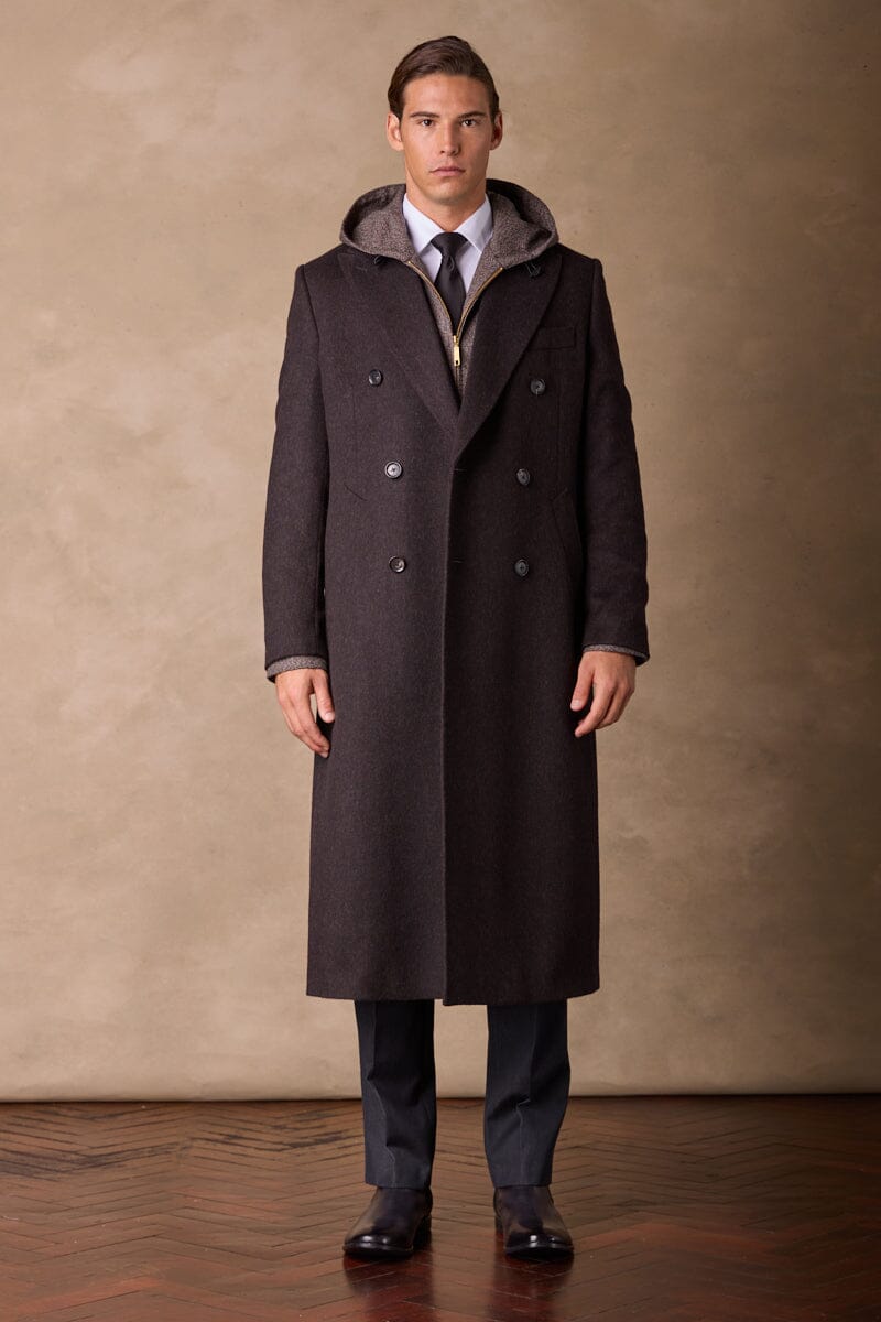 Double Breasted Peak Long Coat - Dark Brown Wide Herringbone Wool