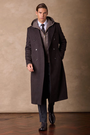 Double Breasted Peak Long Coat - Dark Brown Wide Herringbone Wool