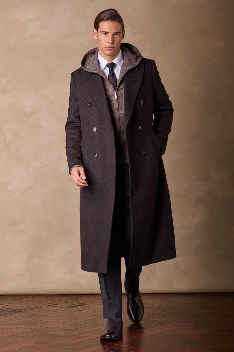 Double Breasted Peak Long Coat - Dark Brown Wide Herringbone Wool