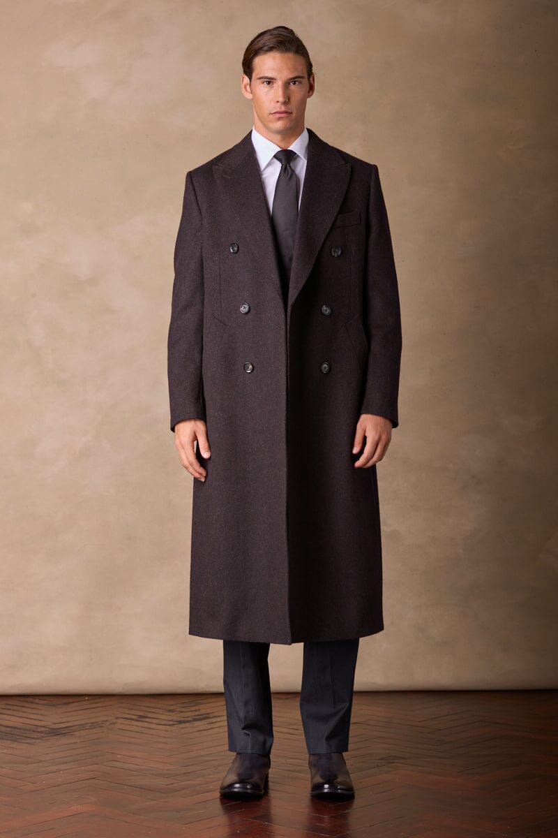 Double Breasted Peak Long Coat - Dark Brown Wide Herringbone Wool