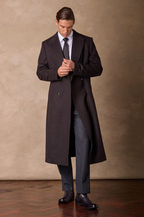 Double Breasted Peak Long Coat - Dark Brown Wide Herringbone Wool