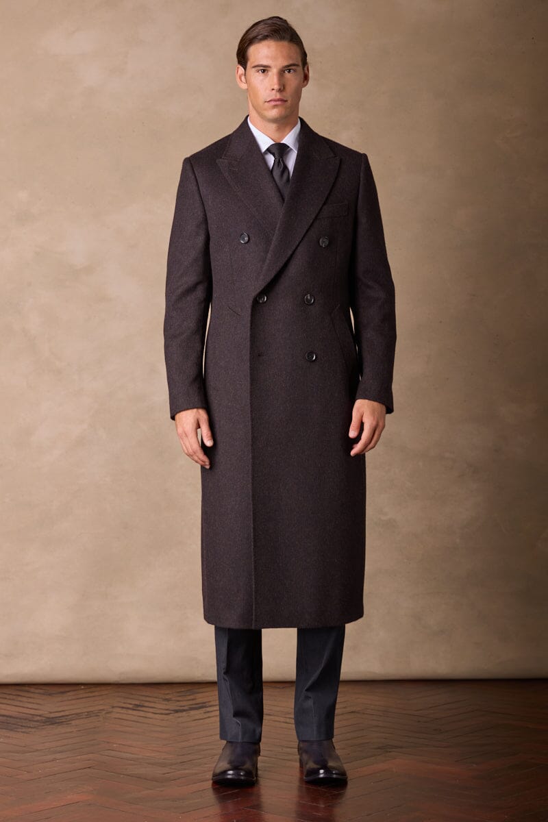 Double Breasted Peak Long Coat - Dark Brown Wide Herringbone Wool