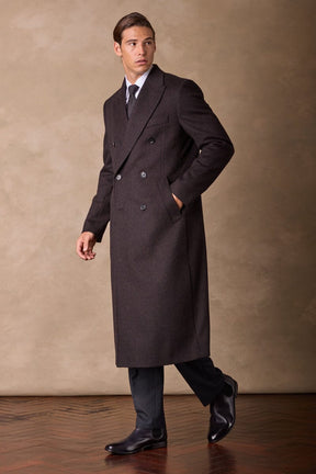 Double Breasted Peak Long Coat - Dark Brown Wide Herringbone Wool