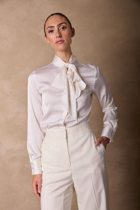 Stella Pussy Bow Blouse - Off White Silk