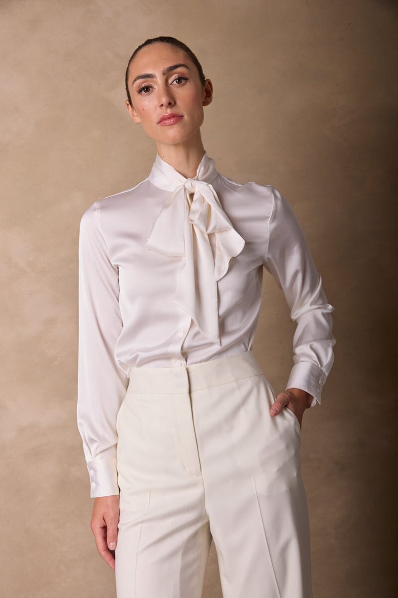 Stella Pussy Bow Blouse - Off White Silk