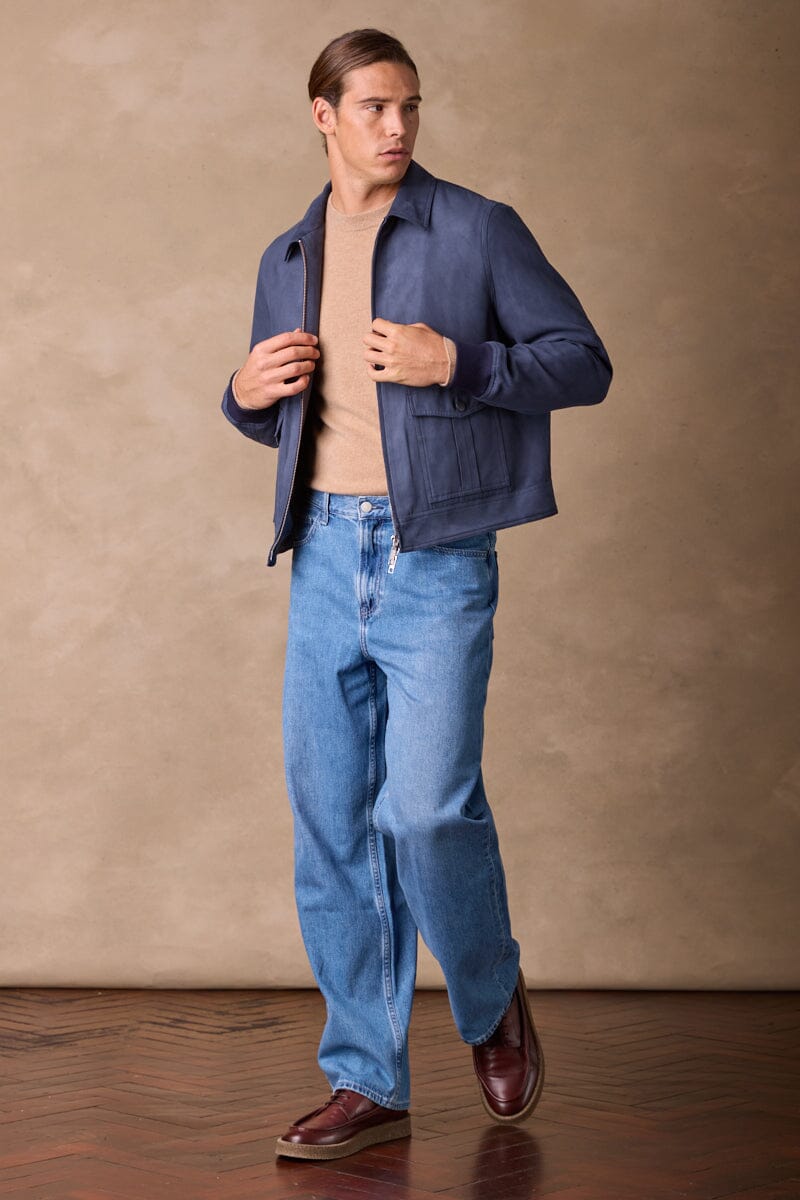 Bomber Jacket - Navy Vegan Suede