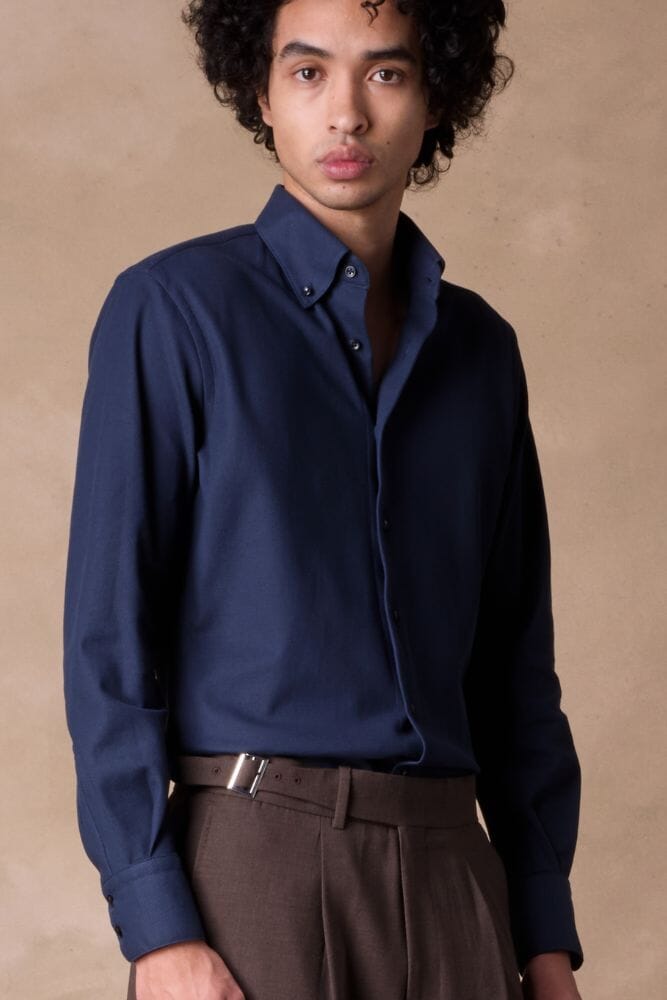 London Button Down Shirt - Navy Cotton Lux Knit