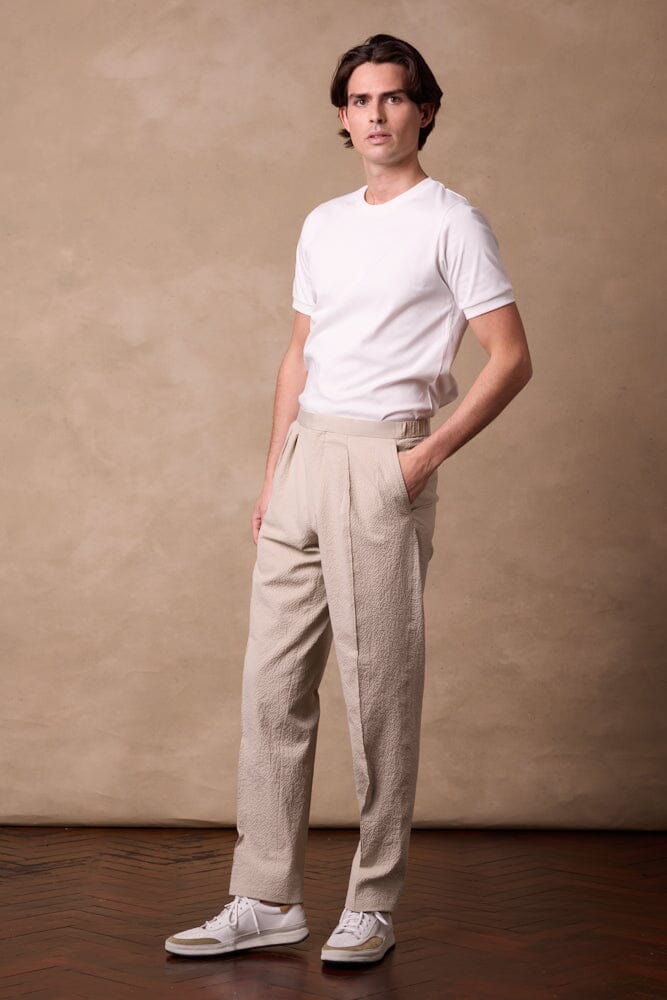 Bailey Pleated Trouser - Beige Seersucker