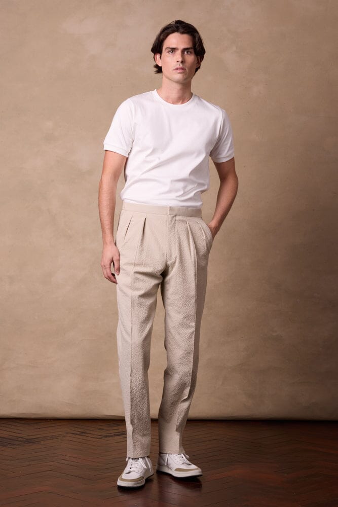 Bailey Pleated Trouser - Beige Seersucker