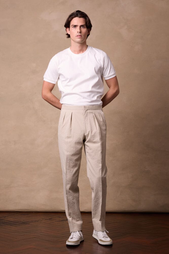 Bailey Pleated Trouser - Beige Seersucker