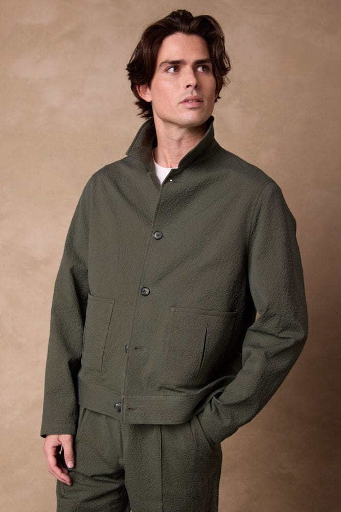 Blouson Jacket - Olive Seersucker
