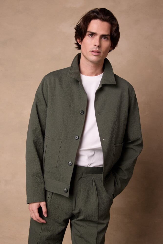 Blouson Jacket - Olive Seersucker