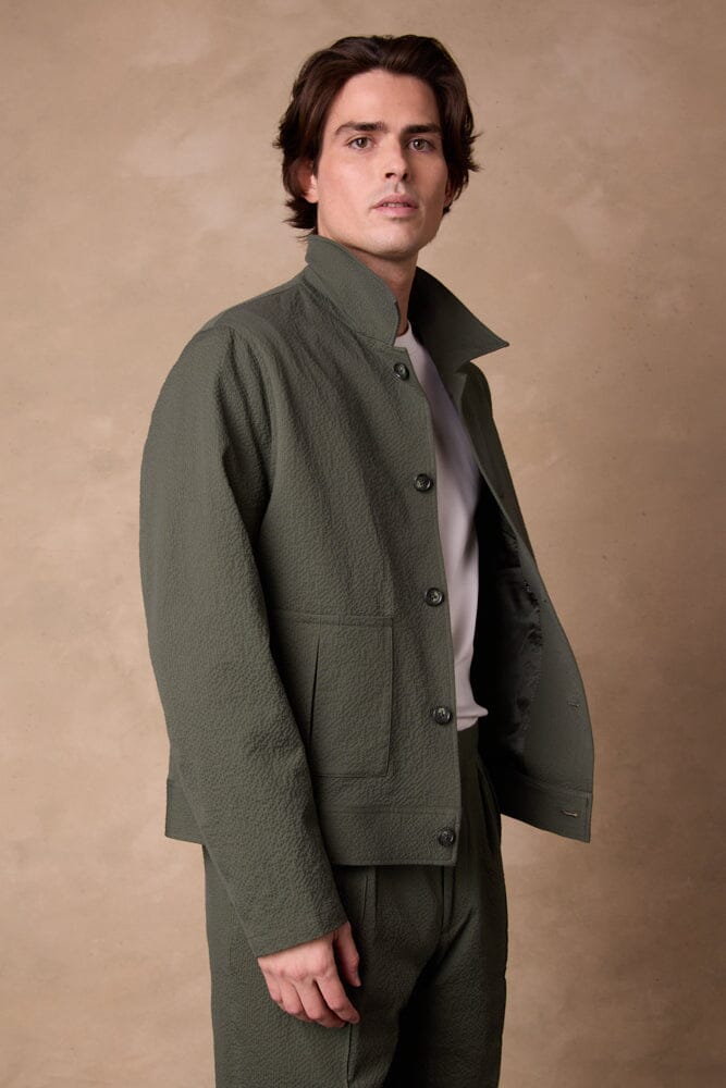 Blouson Jacket - Olive Seersucker