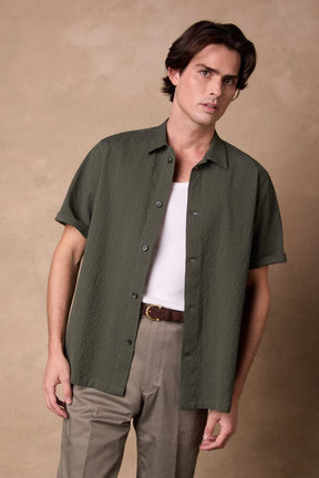 Jake Camp Collar Shirt - Olive Seersucker
