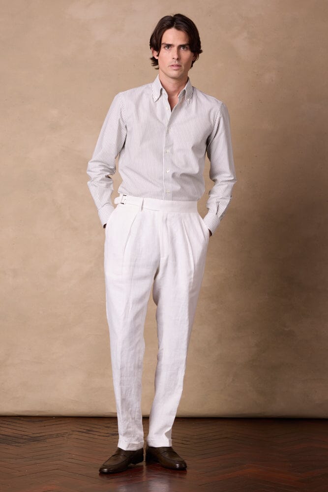 London Button Down Shirt - White & Olive Stripe