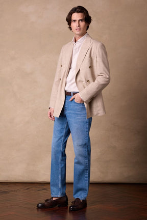 Alec DB Jacket - Wheat Check Wool Silk Linen