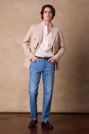 Alec DB Jacket - Wheat Check Wool Silk Linen