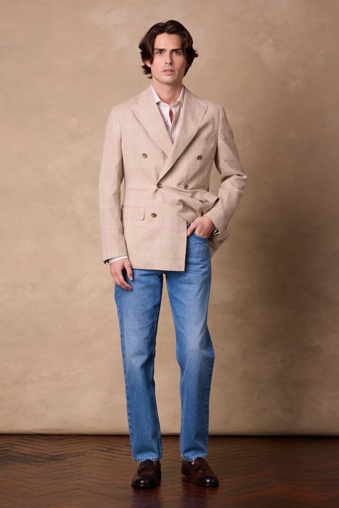 Alec DB Jacket - Wheat Check Wool Silk Linen
