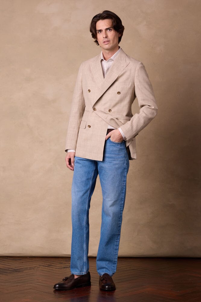 Alec DB Jacket - Wheat Check Wool Silk Linen